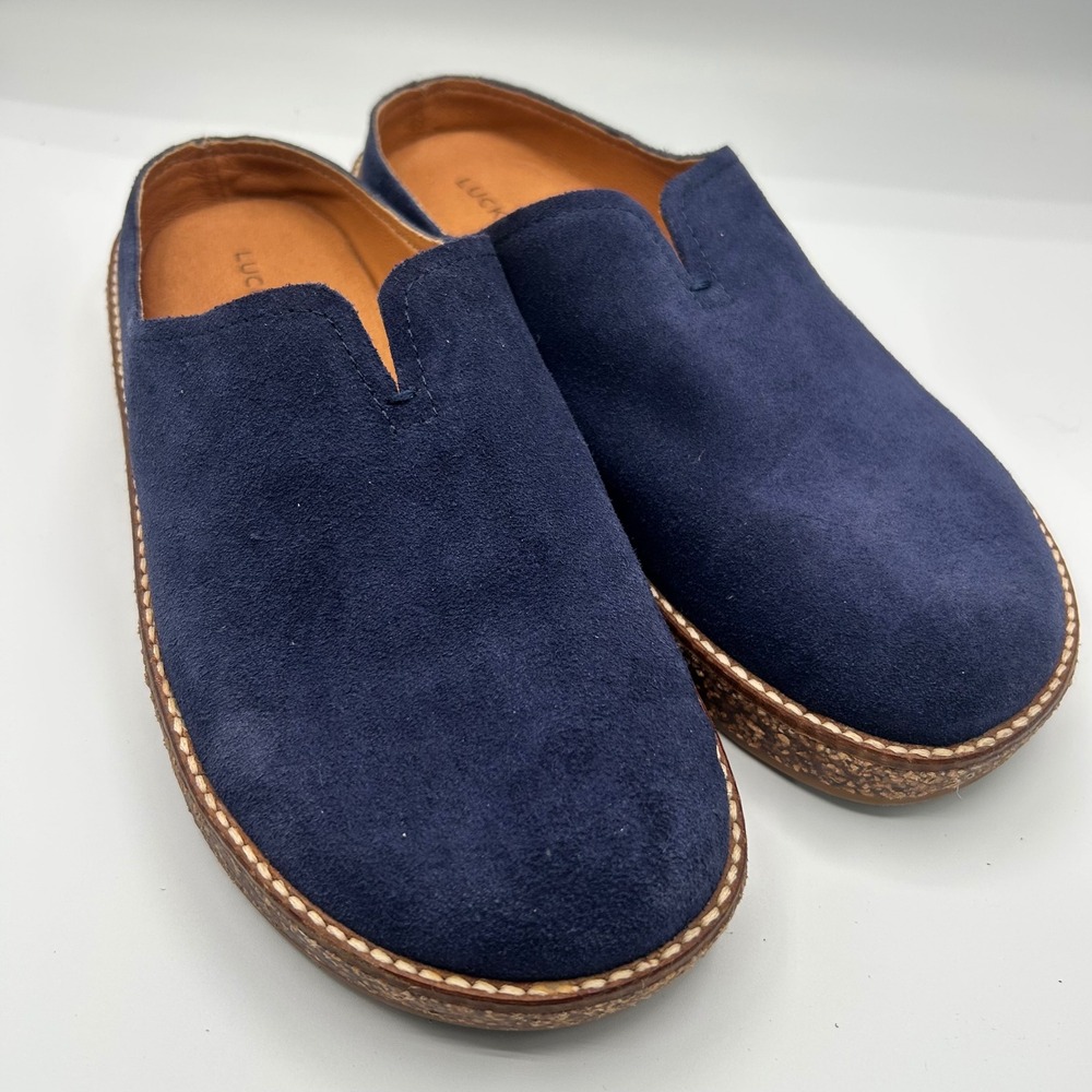 Lucky Brand Navy Blue Suede Platform Mules Womens Slip On Clogs Cork Sole
